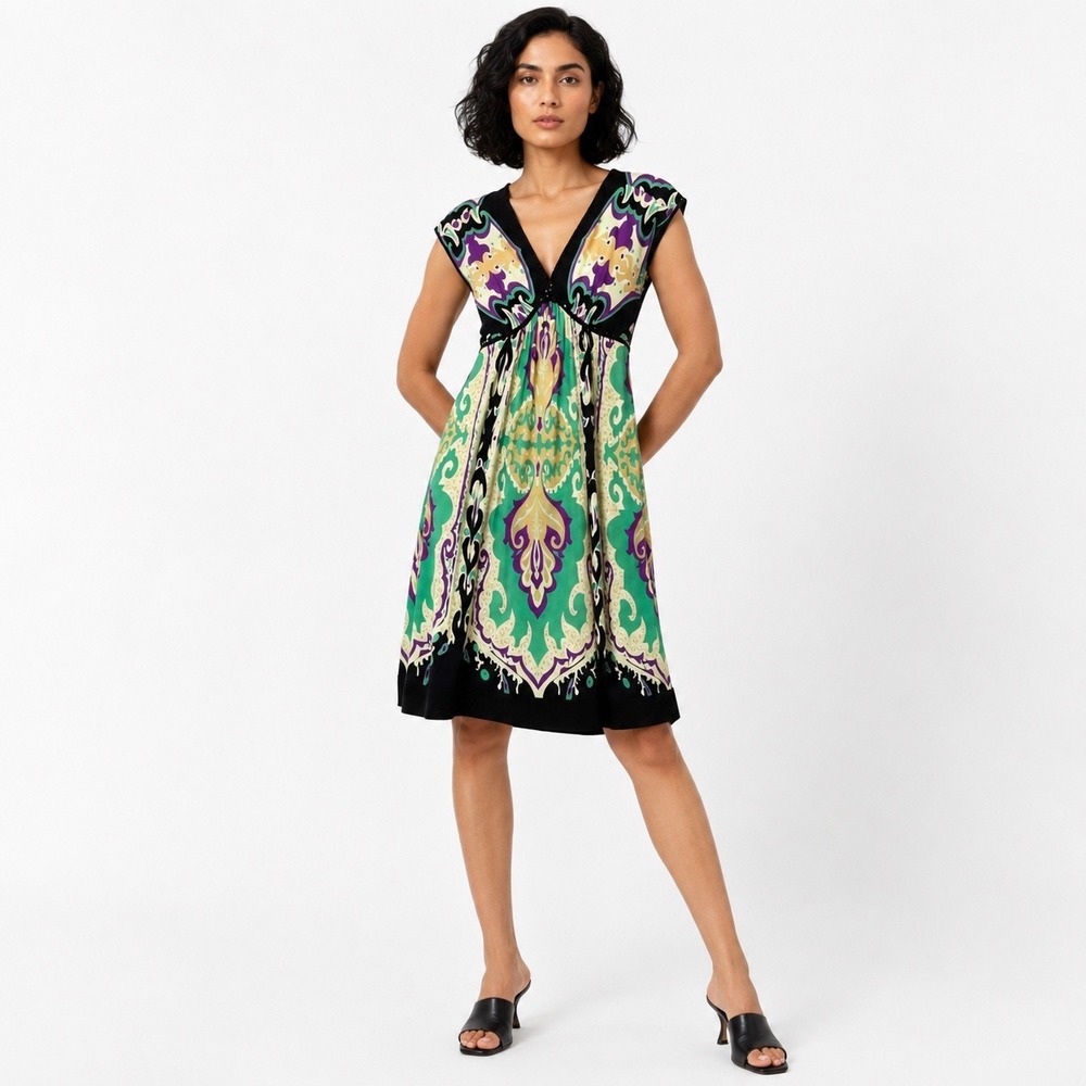 Eci New York Silk Dress 4 Green Purple Paisley Beaded Empire Waist‎ Retro Boho